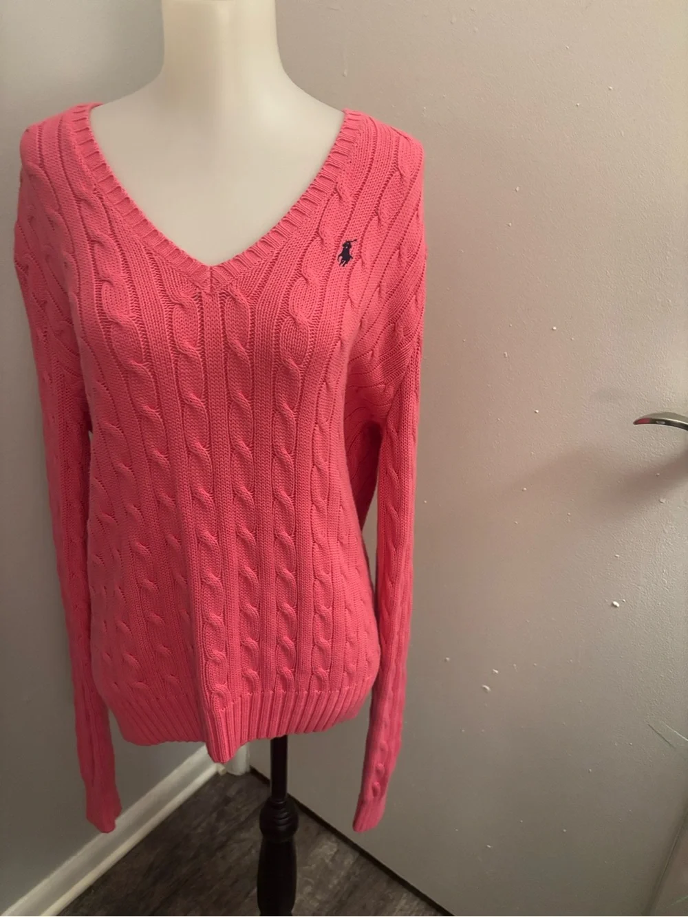 VTG Ralph Lauren Sport Hot Pink Cable Knit V-Neck Sweater XL